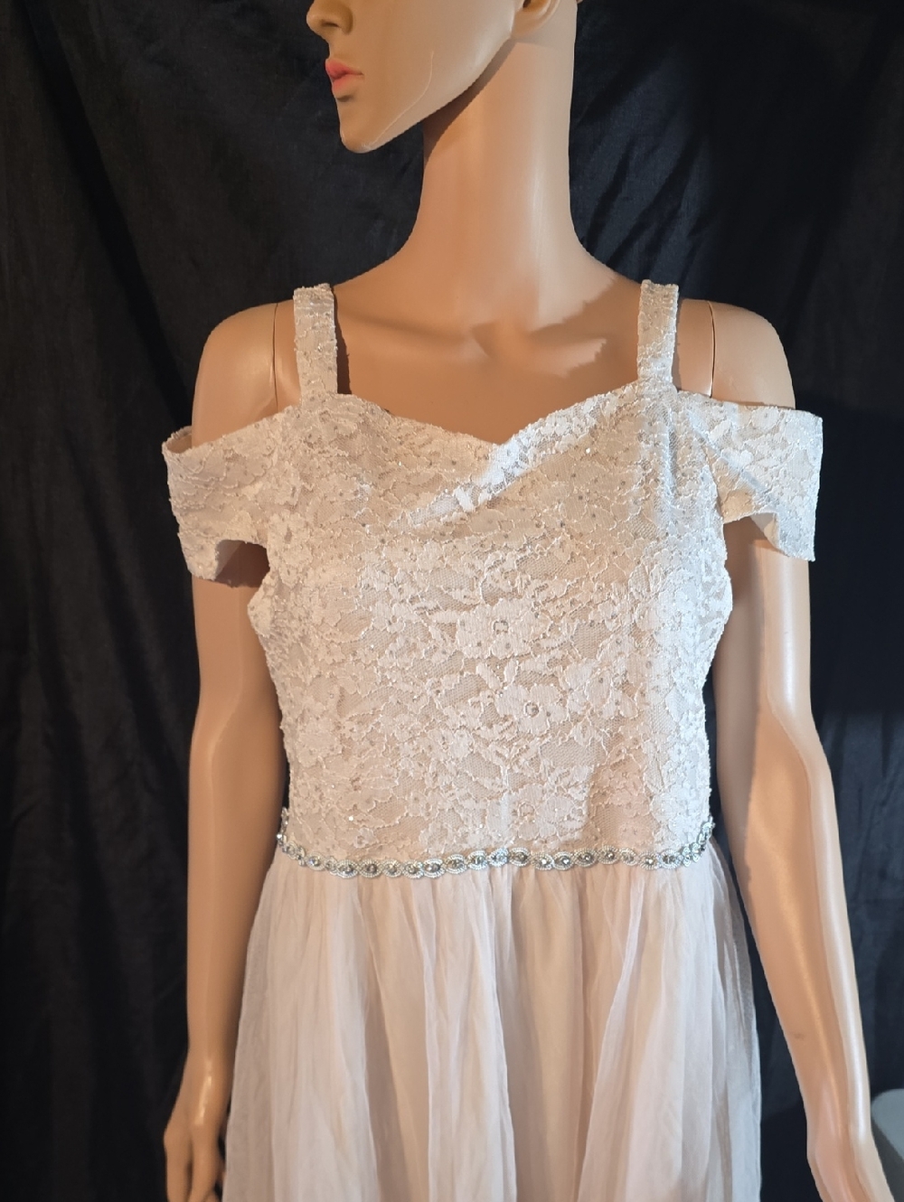 Speechless White Lace Off-Shoulder A-Line Dress with Beaded Waist